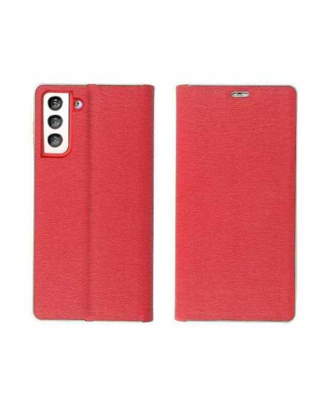 LUNA Book, skirtas Samsung Galaxy S21 FE 5G FORCELL piniginės dėklas, Raudonas