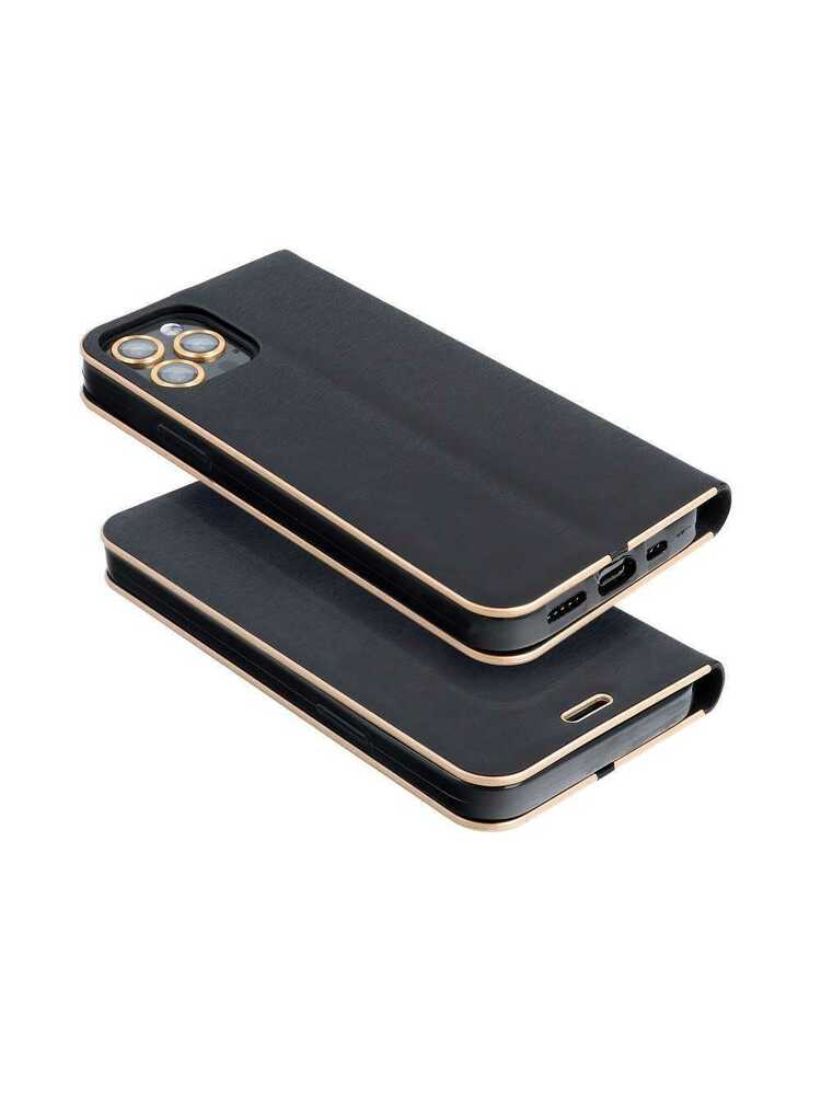 LUNA Book Gold, skirtas Samsung Galaxy S21 FE 5G FORCELL piniginės dėklas, juodas