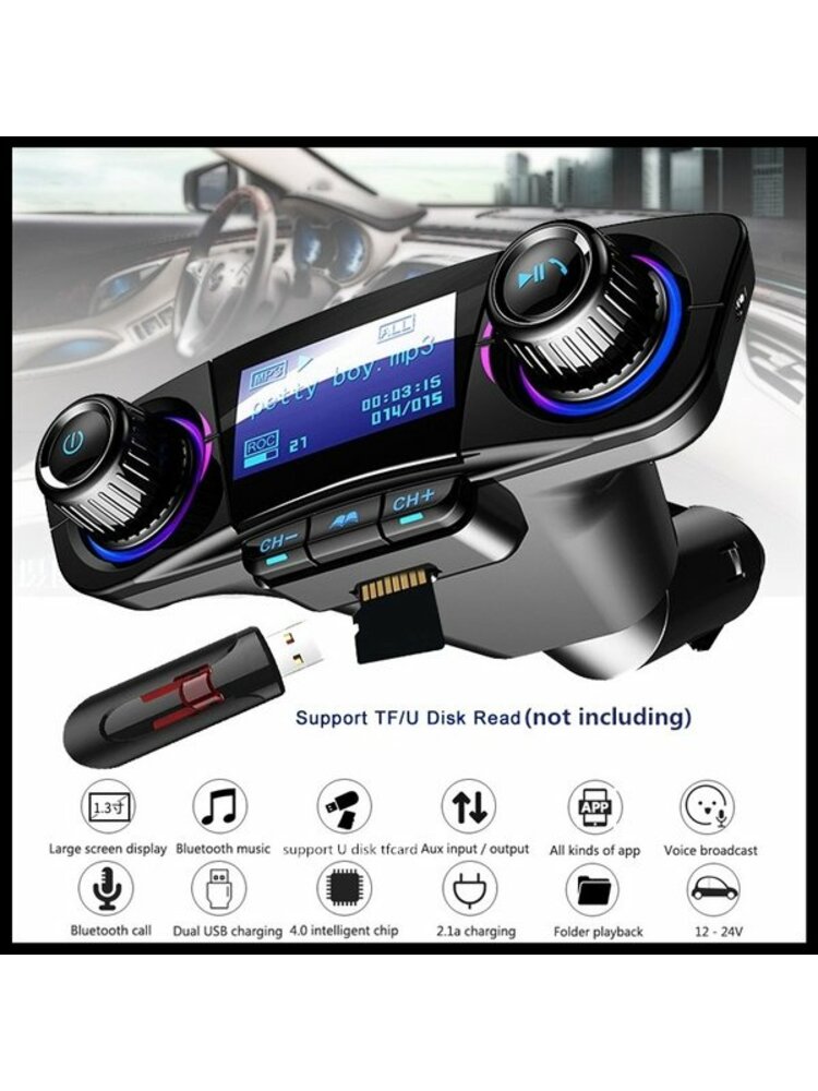 FM moduliatorius („Bluetooth“ + USB + AUX + SD atminties kortelių skaitytuvas) su ekranu BT06 juodas