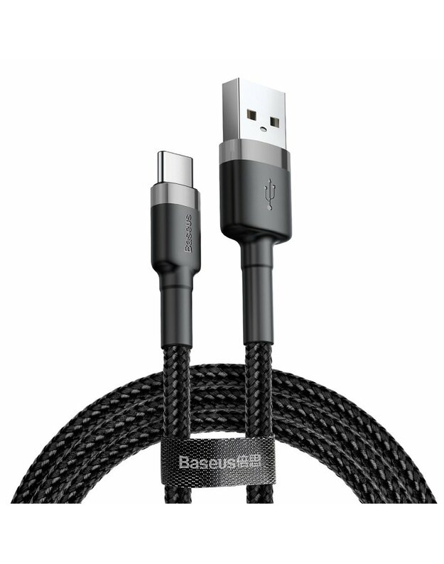 Kabelis USB2.0 A kištukas - USB C kištukas, 2.0m QC3.0 su nailoniniu šarvu Cafule pilkas/juodas BASEUS