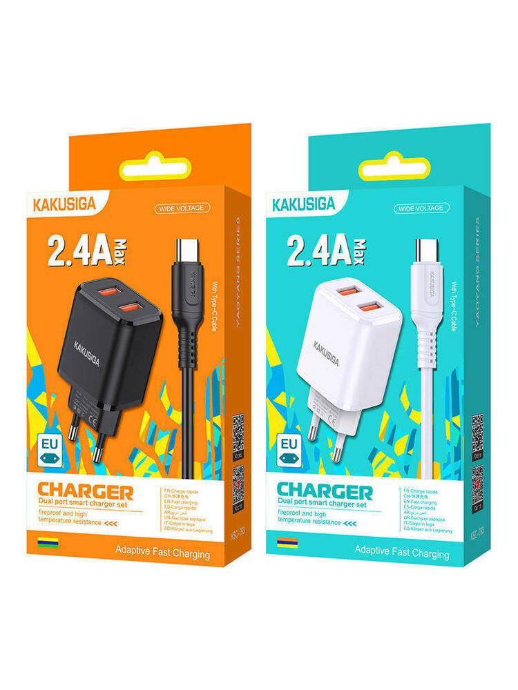 Sieninis įkroviklis 2,4A 2x USB + kabelis USB - USB-C KAKUSIGA KSC-793 baltas