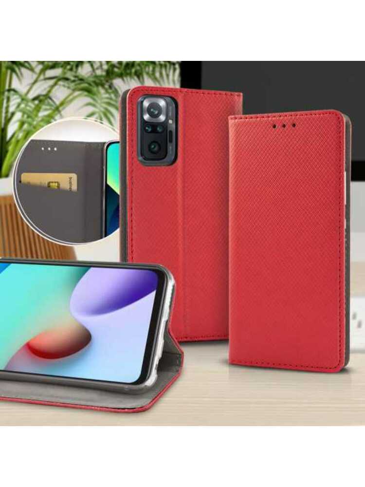Xiaomi Redmi Note 12 4G (Global) telefono dėklas, knygų dėklas, atverčiamas dėklas, banko kortelės laikiklis, magnetinis užsegimas, raudona