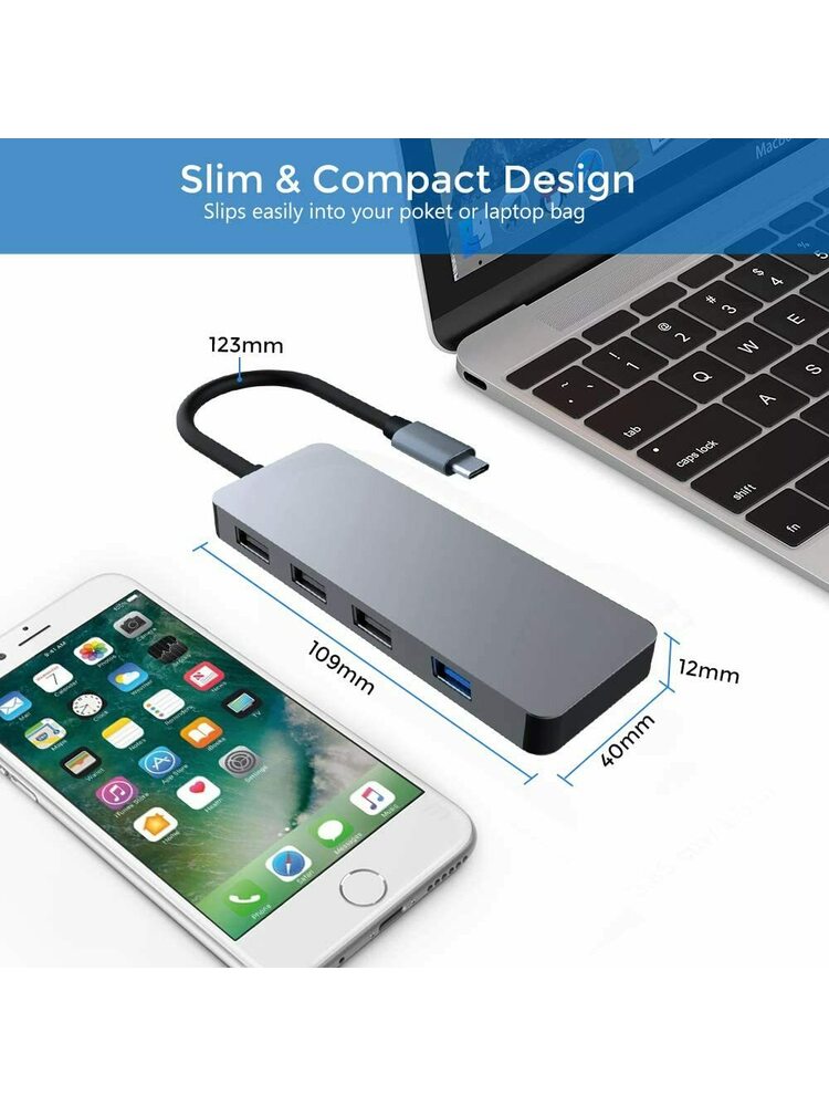  USB C šakotuvas, USB C adapteris su 4 USB 3.0 prievadais, didelės spartos aliuminio duomenų šakotuvo priedai, suderinami su MacBook Pro, USB tipo C įrenginiais
