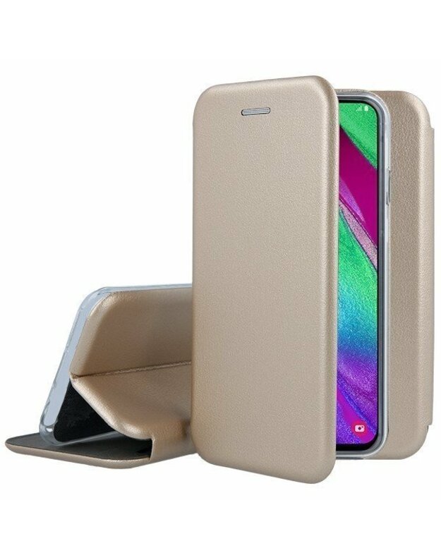 Telefono dėklas SAMSUNG GALAXY A40 ATVERČIAMAS DĖKLAS BOOK ELEGANCE ODINIS AUKSINIS