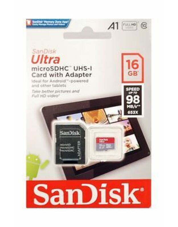 SanDisk Ultra Android microSDHC 16GB + SD Adapter + Memory Zone App 98MB/s A1 Class 10 UHS-I - Tablet Packaging
