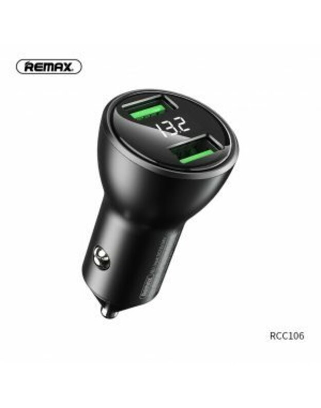 Automobilinis įkroviklis  Remax RCC-106 su 2 USB jungtimis 3.4A su led ekranu juodas