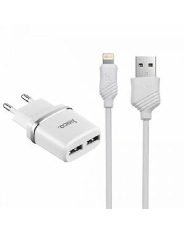 Buitinis įkroviklis „Hoco 2XUSB 2.4A +“ rinkinys „Branco Lightning“