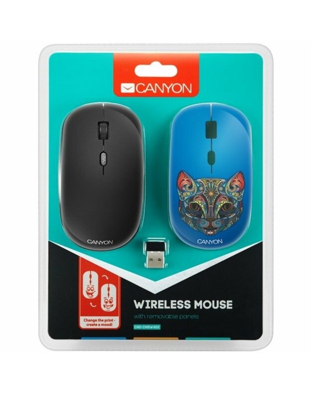  Belaidė pelytė CANYON 2.4GHz wireless Optical  Mouse with 4 buttons, DPI 800/1200/1600, 1 additional cover(Cat), black, 103*58*32mm, 0.087kg