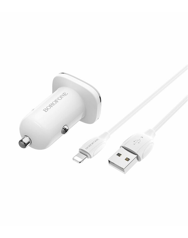 Automobilinis įkroviklis Borofone BZ12 USB + Lightning (2.4A) baltas