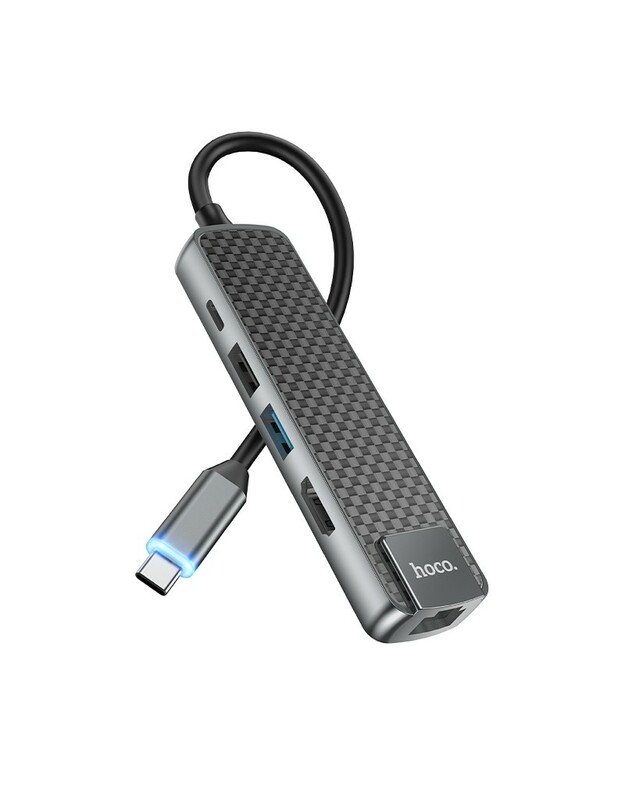 Adapteris Hoco HB23 Easy View Type-C to HDMI+USB3.0+USB2.0+RJ45+PD pilkas