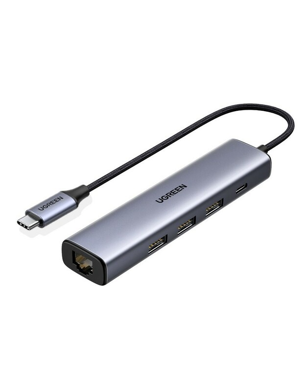 Adapteris Ugreen CM475 USB-C to USB-C + 3xUSB-A + RJ45 pilkas
