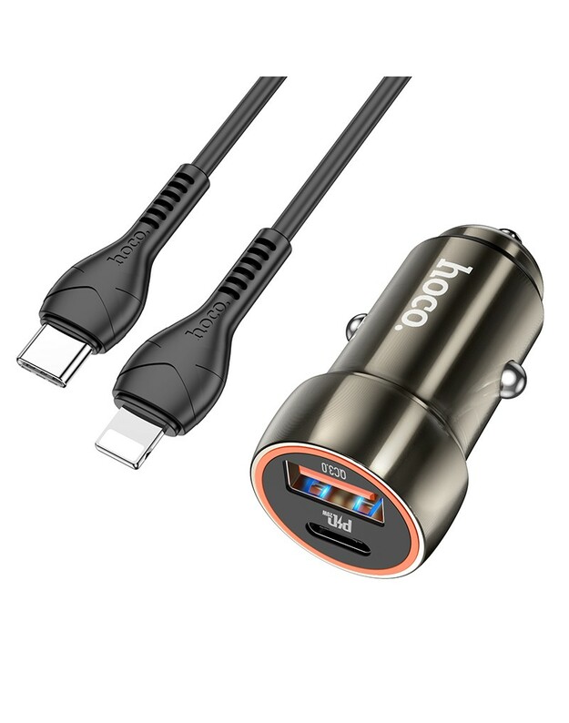 Automobilinis įkroviklis Hoco Z46A USB-A/Type-C PD20W+QC3.0 + Lightning pilkas