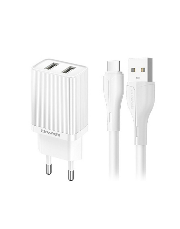 Įkroviklis Awei C15T-EU 10W 2xUSB-A + USB-A to USB-C cable 1.0m baltas