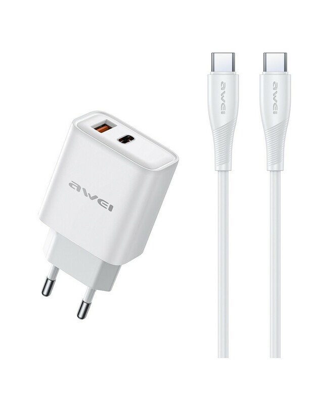 Įkroviklis Awei PD81C-EU 22.5W USB-A/USB-C + USB-C to USB-C cable 1.0m baltas