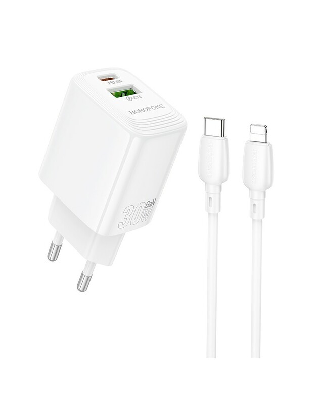 Įkroviklis Borofone BN29 30W USB-C/USB-A + USB-C to Lightning cable 1.0m baltas