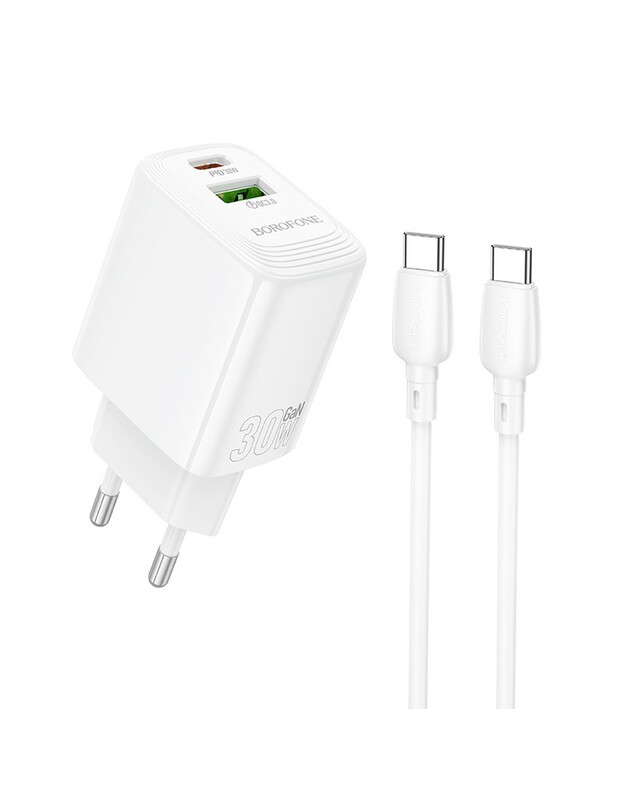 Įkroviklis Borofone BN29 30W USB-C/USB-A + USB-C to USB-C cable 1.0m baltas