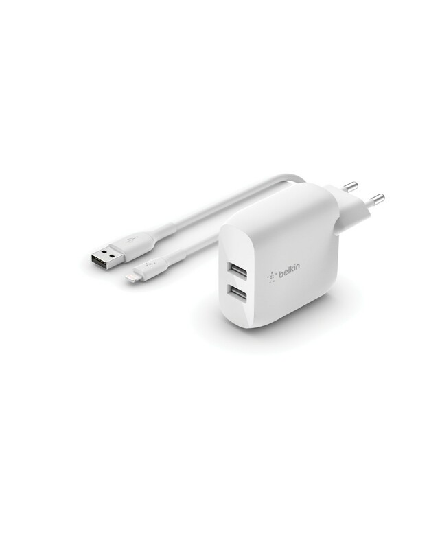 Įkroviklis buitinis Belkin Boost Charge Dual USB-A 24W + USB-A to Lightning kabelis baltas