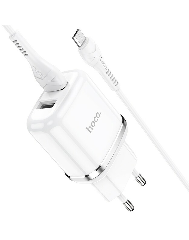 Įkroviklis Hoco N4 su dviem USB jungtimis + MicroUSB (2.4A) baltas
