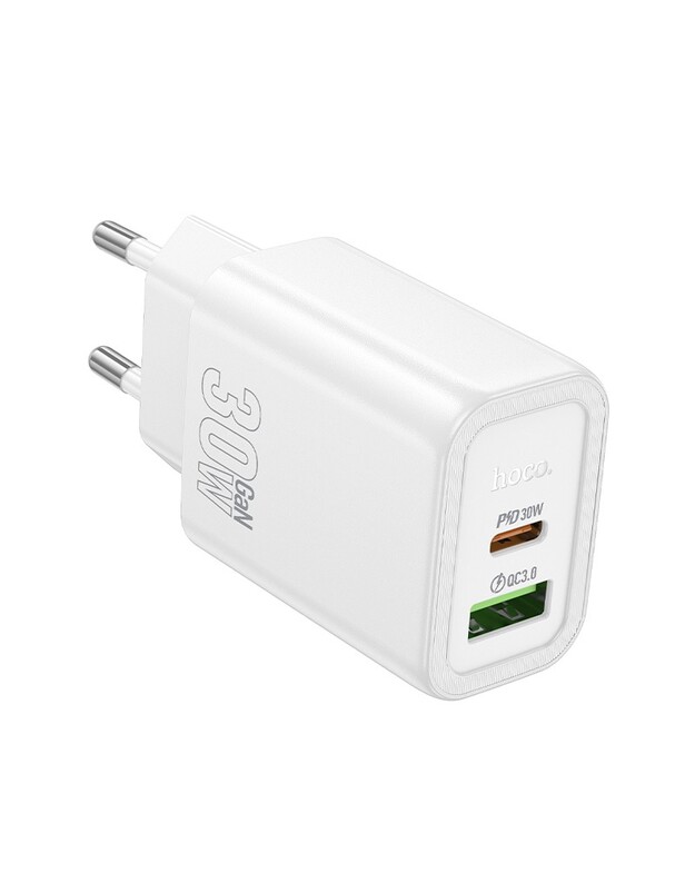 Įkroviklis Hoco N63 30W GaN USB-C/USB-A baltas