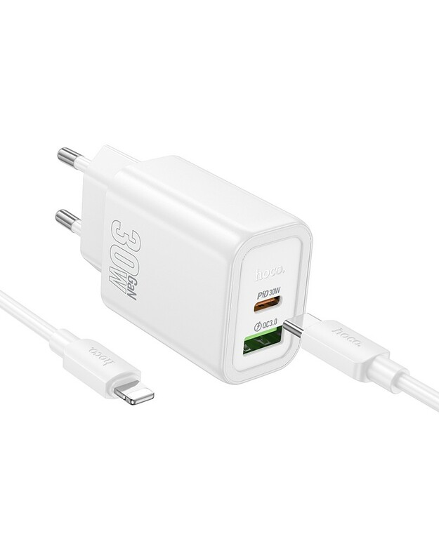 Įkroviklis Hoco N63 30W GaN USB-C/USB-A + USB-C to Lightning cable 1.0m baltas