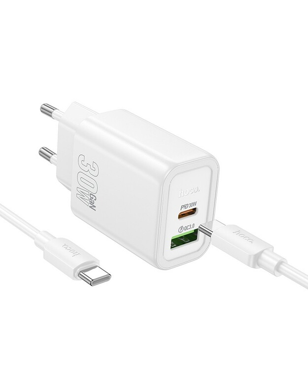 Įkroviklis Hoco N63 30W GaN USB-C/USB-A + USB-C to USB-C cable 1.0m baltas