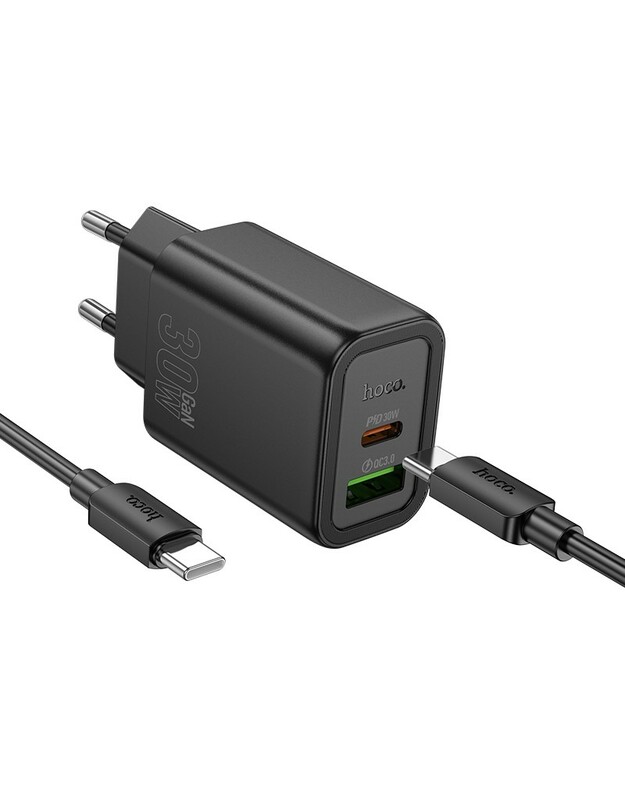 Įkroviklis Hoco N63 30W GaN USB-C/USB-A + USB-C to USB-C cable 1.0m juodas