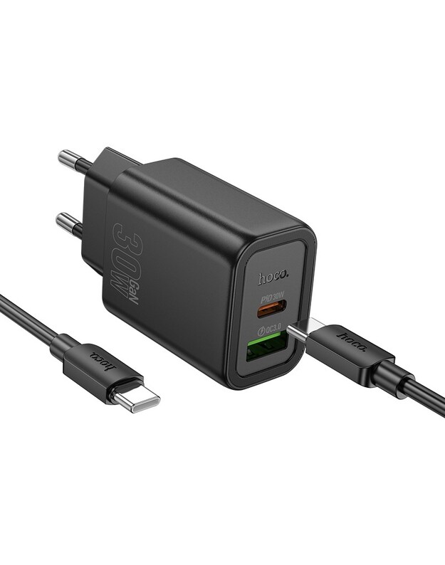 Įkroviklis Hoco N63 30W GaN USB-C/USB-A + USB-C to USB-C cable 1.0m juodas