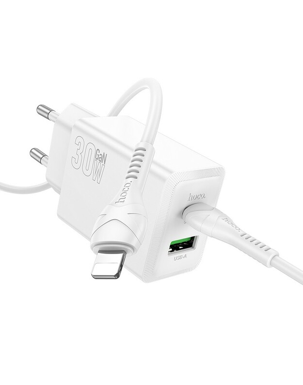 Įkroviklis Hoco N71 30W GaN USB-C/USB-A + USB-C to Lightning cable 1.0m baltas