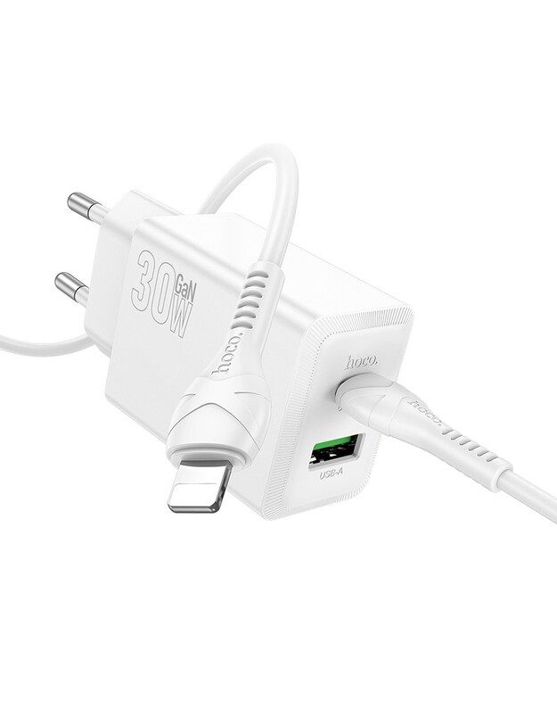 Įkroviklis Hoco N71 30W GaN USB-C/USB-A + USB-C to Lightning cable 1.0m baltas