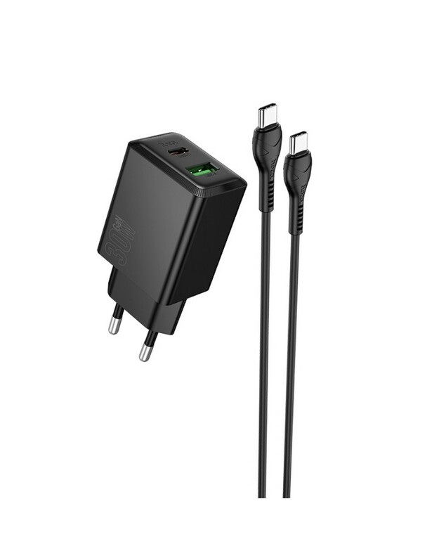 Įkroviklis Hoco N71 30W GaN USB-C/USB-A + USB-C to USB-C cable 1.0m juodas