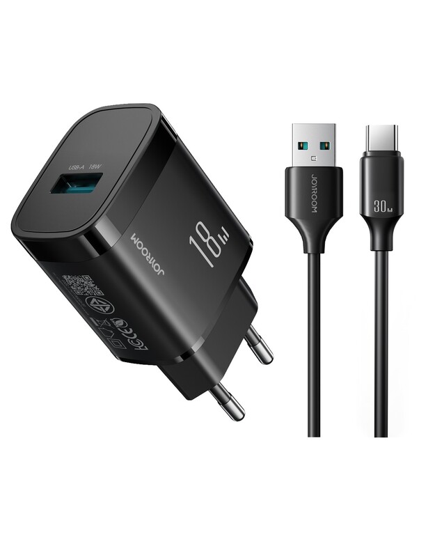 Įkroviklis Joyroom JR-TF4 18W USB-A + USB-A to USB-C cable 1.0m juodas