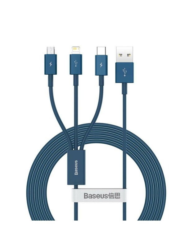 USB kabelis Baseus Superior iš USB į microUSB+Lightning+Type-C 100W 1.5m mėlynas CAMLTYS-03