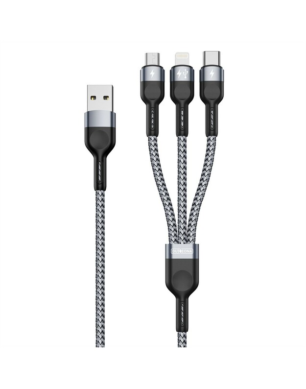 USB kabelis DUZZONA A3 3in1 microUSB-Lightning-Type-C 1.2m pilkas
