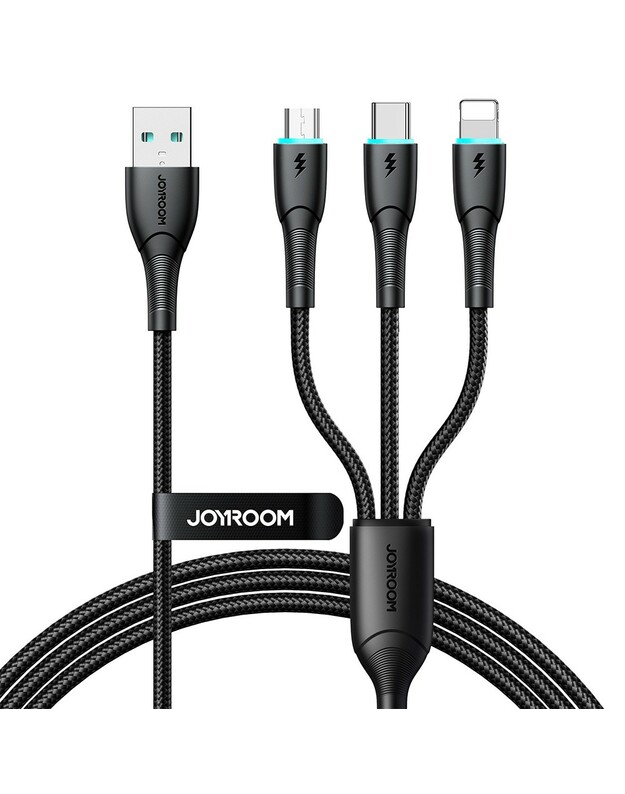 USB kabelis Joyroom SA33-1T3 USB to Lightning+USB-C+MicroUSB 3.5A 1.2m juodas