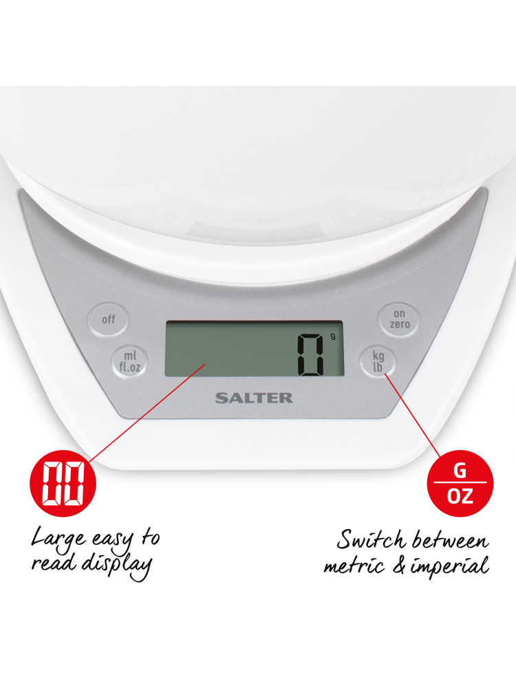 Salter 1024 WHDR14 Digital Kitchen Scales with Dual Pour Mixing Bowl white