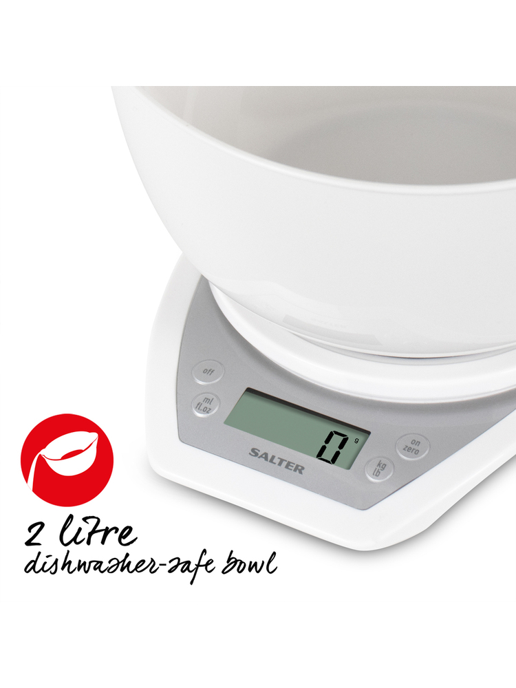 Salter 1024 WHDR14 Digital Kitchen Scales with Dual Pour Mixing Bowl white