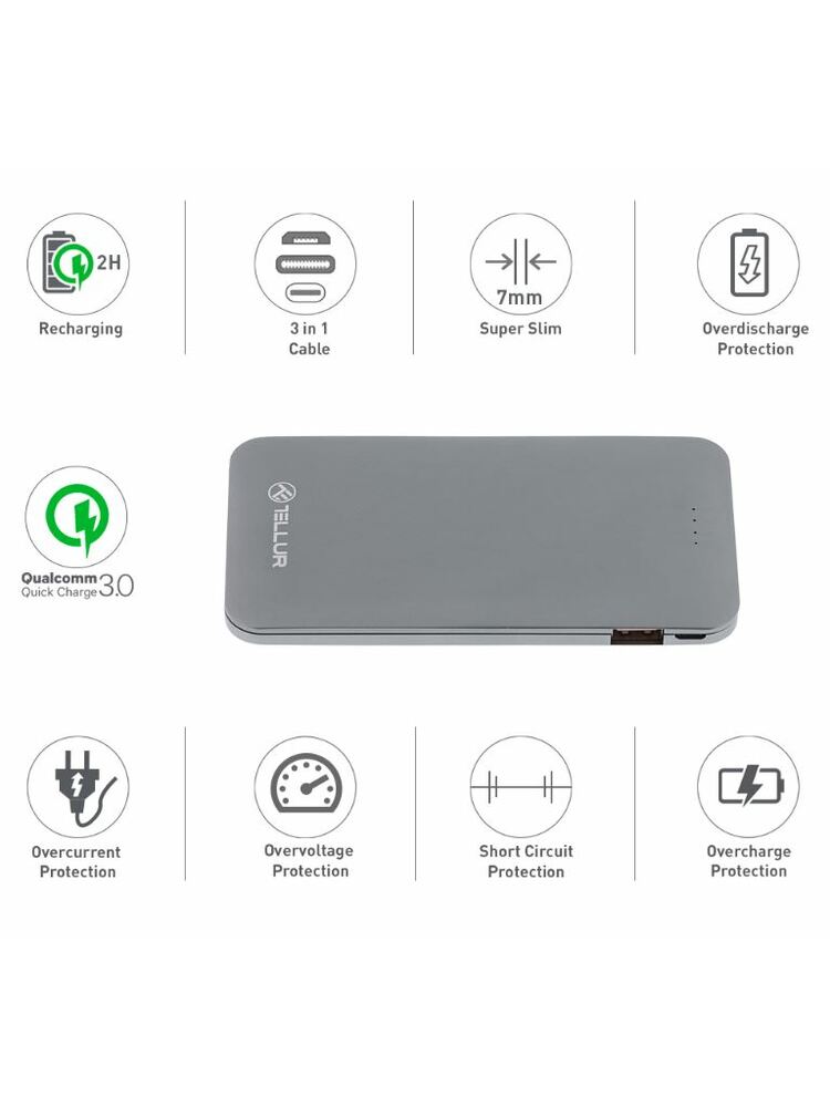 Tellur Power Bank QC 3.0 Fast Charge, 5000mAh, 3in1 gray