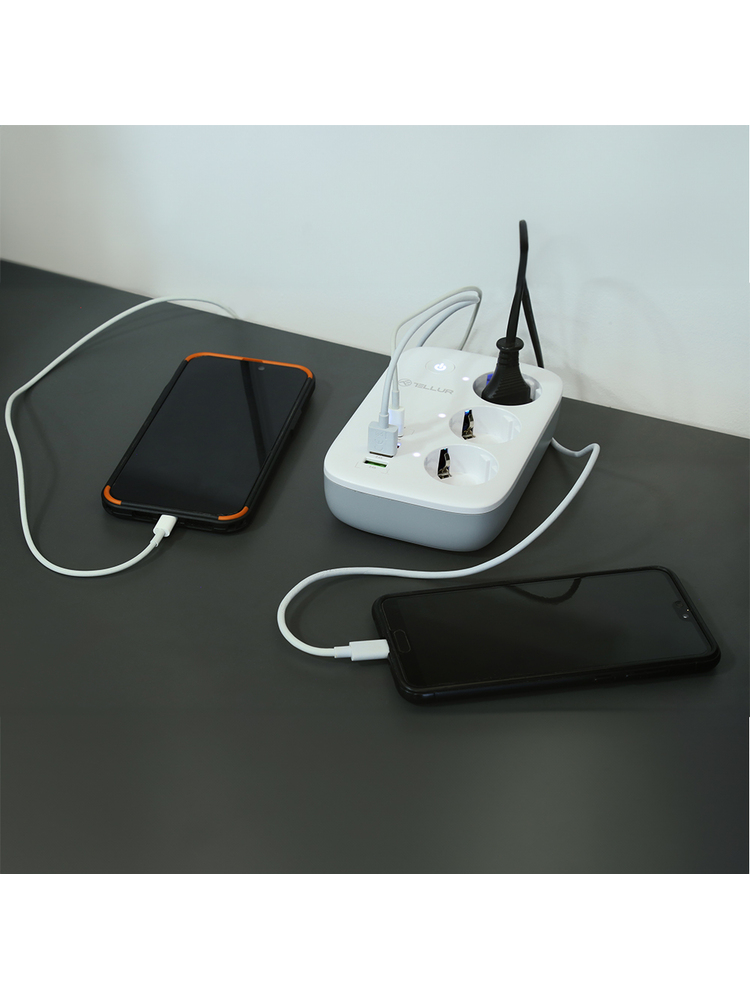 Tellur Smart WiFi Power Strip 3 Outlets, PD30W, QC18W, 2xUSB 2.4A 2500W 10A 2m