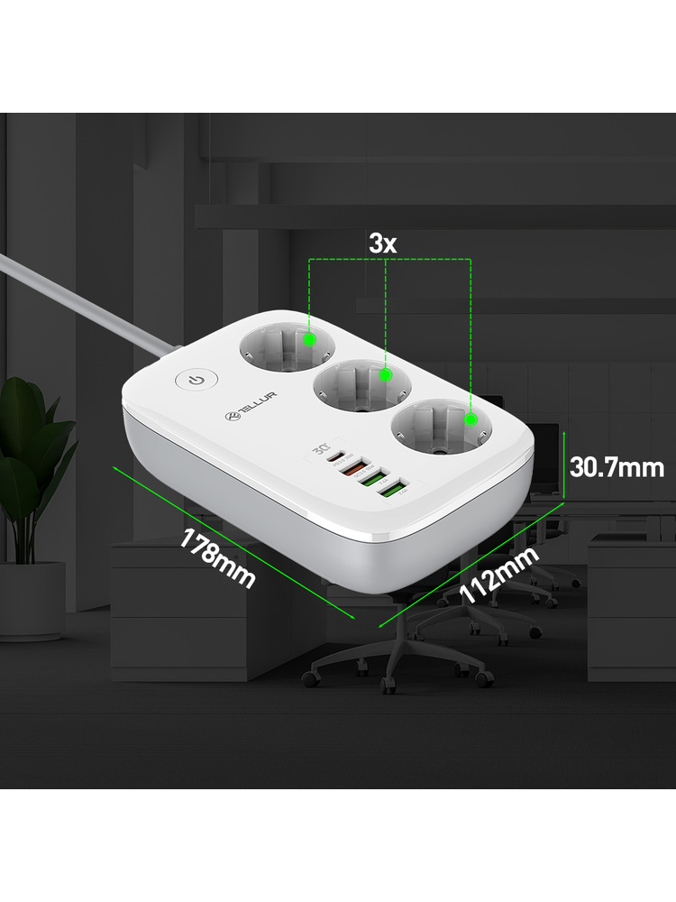 Tellur Smart WiFi Power Strip 3 Outlets, PD30W, QC18W, 2xUSB 2.4A 2500W 10A 2m