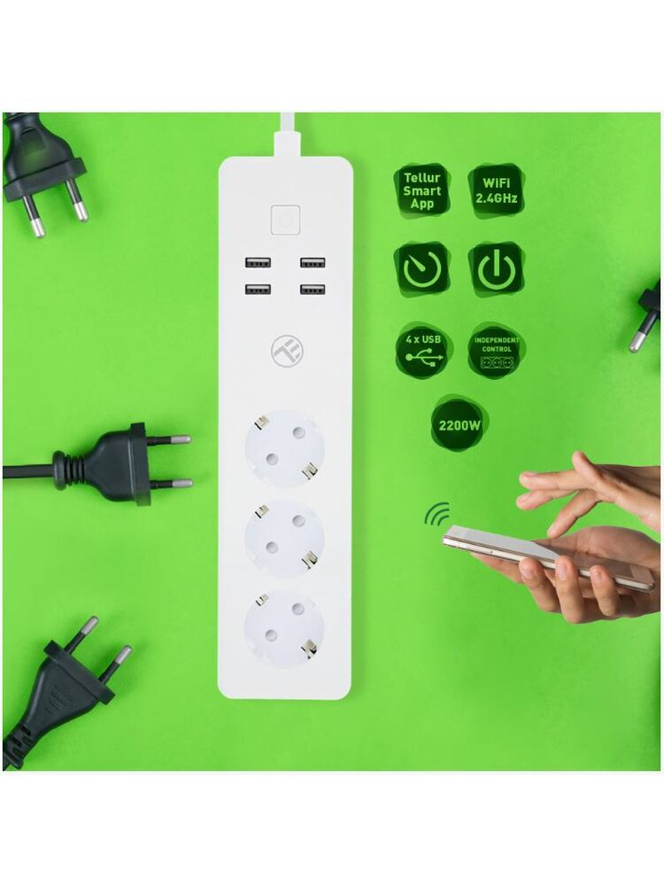 Tellur WiFi Power Strip, 3 Outlets, 4*USB 4A, 2200W, 10A, 1.8m