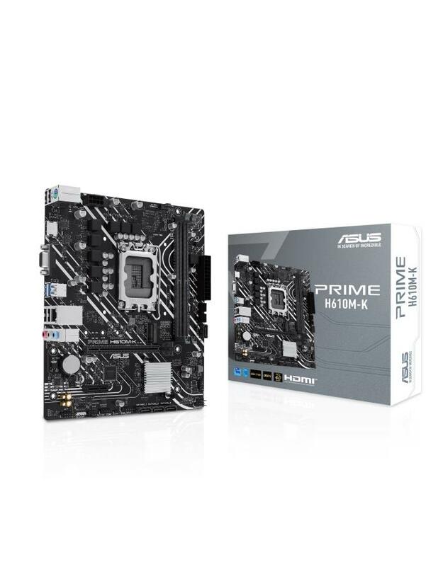 Mainboard|ASUS|Intel H610|LGA1700|Micro-ATX|Memory DDR5|Memory slots 2|1xPCI-Express 3.0 1x|1xPCI-Express 4.0 16x|1xM.2|1x15pin D-sub|1xHDMI|4xUSB 2.0|2xUSB 3.2|1xPS/2|1xRJ45|3xAudio port|PRIMEH610M-K