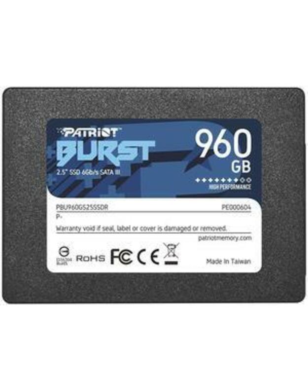 SSD|PATRIOT|Burst Elite|960GB|SATA 3.0|3D NAND|Write speed 320 MBytes/sec|Read speed 450 MBytes/sec|2,5"|TBW 400 TB|PBE960GS25SSDR