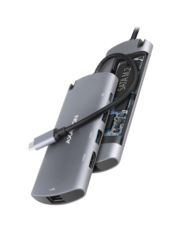 Axagon HMC-6M2 SUPERSPEED USB-C COMBO 6IN1 HUBMultiport USB 3.2 Gen 1 hub. SATA M.2, HDMI, Gigabit LAN and Power Delivery. Cable USB-C 18 cm.