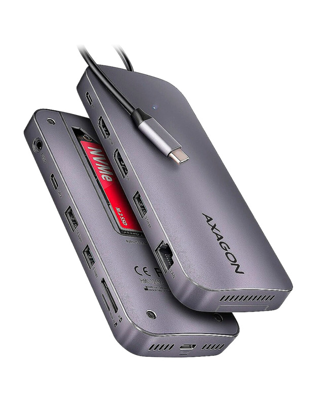 AXAGON Multiport USB-C 10Gbps hub. NVMe/SATA M.2, HDMI and DisplayPort. Cable USB-C 50 cm.