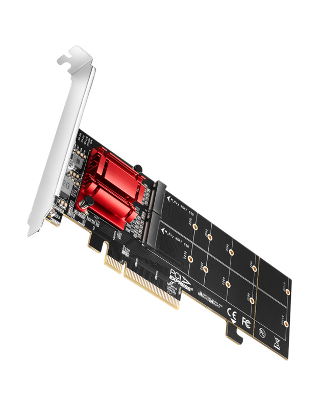Axagon PCEM2-ND PCIE 2X NVME M.2 CONTROLLERPCI-Express x8 internal controller for connecting two NVMe M.2 SSD disks to a computer. Supports main boards without PCIe Bifurcation.