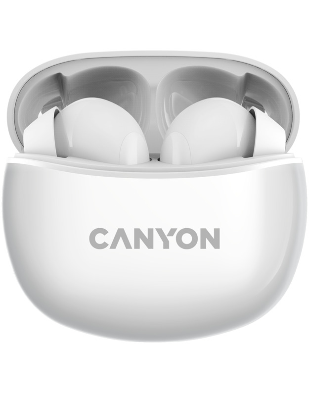 CANYON TWS-5, Bluetooth headset, with microphone, BT V5.3 JL 6983D4, Frequence Response:20Hz-20kHz, battery EarBud 40mAh*2+Charging Case 500mAh, type-C cable length 0.24m, size: 58.5*52.91*25.5mm, 0.036kg, White