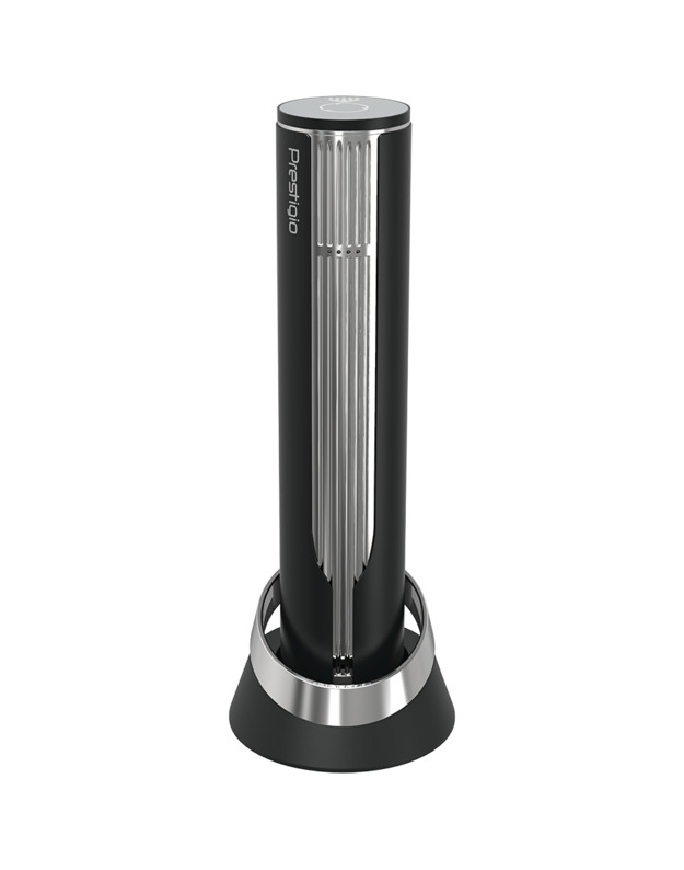 Prestigio Maggiore, smart wine opener, 100% automatic, opens up to 70 bottles without recharging, foil cutter included, premium design, 480mAh battery, Dimensions D 48*H228mm, black + silver color.