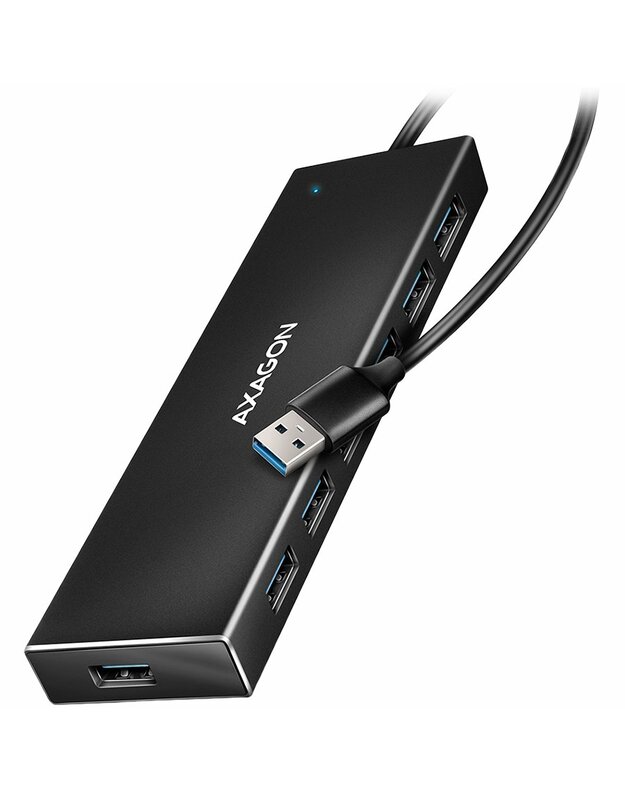 Seven-port USB 3.2 Gen 1 hub with charging support. Connector for external power supply. USB-A cable 1 m.