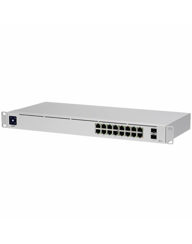 Ubiquiti USW-16-PoE 16-port Layer 2 PoE switch, 8 x GbE PoE+, 8 x GbE ports, 2 x 1G SFP ports, 42W total PoE Power, fanless, silent cooling, ESD/EMP protection, 1.3" touchscreen LCM display, Rackmount (Kit included)
