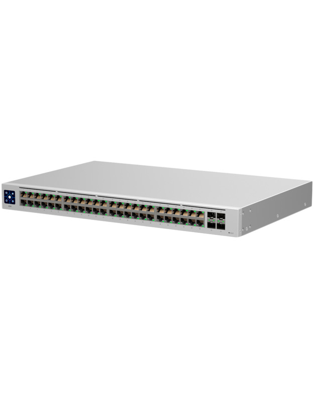 Ubiquiti USW-48 48-port, Layer 2 switch, 48 x GbE ports, 4 x 1G SFP ports, Fanless, silent cooling, ESD/EMP protection, 1.3" touchscreen LCM display, Rackmount (Kit included)